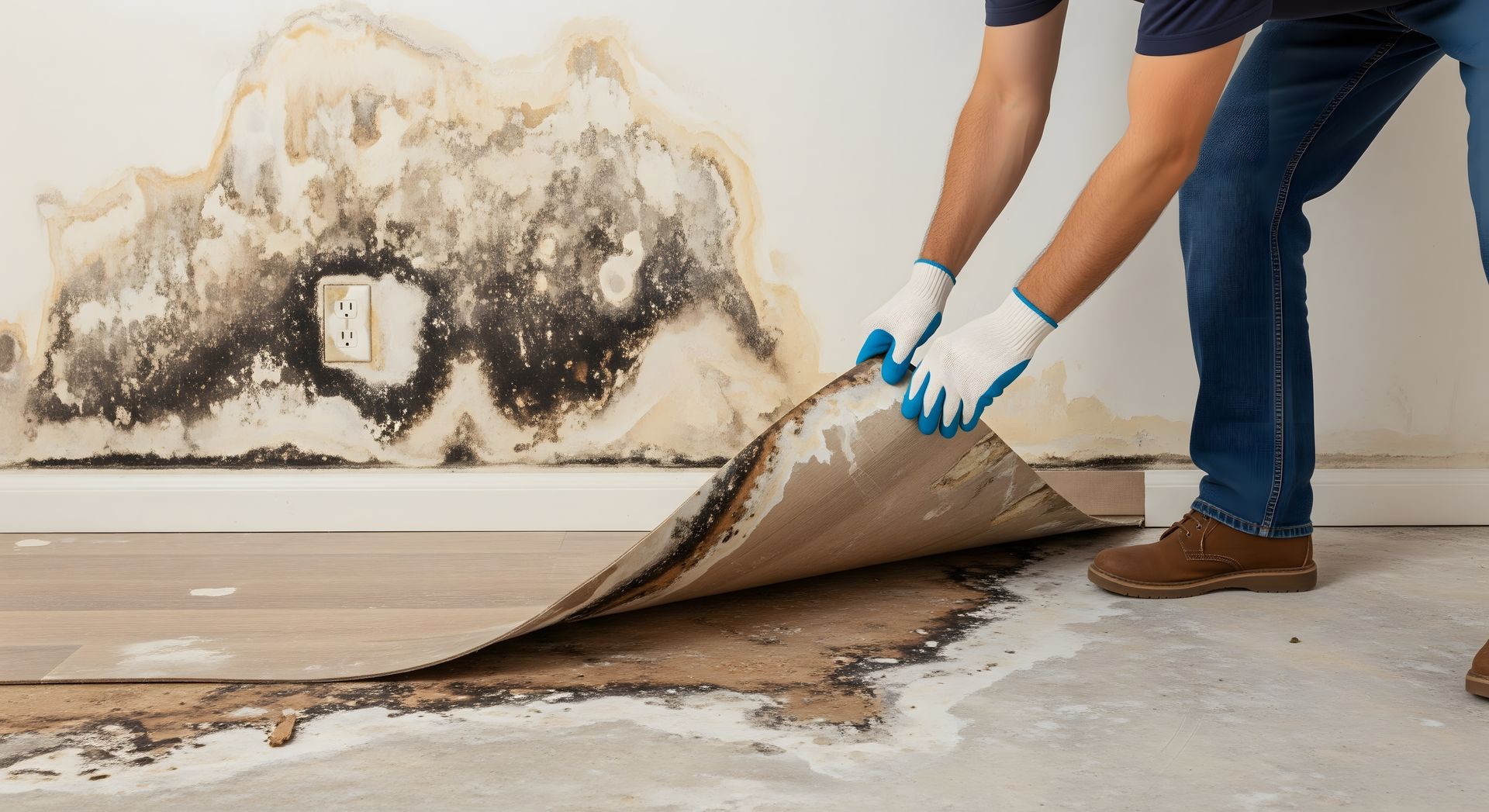 Worker smoothing plaster on a wall with a trowel, wearing white gloves and a blue shirt.