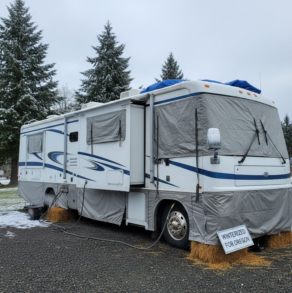 RV parked on gravel, covered for winter, with hay bales around it. Snow on the ground and trees in the background.