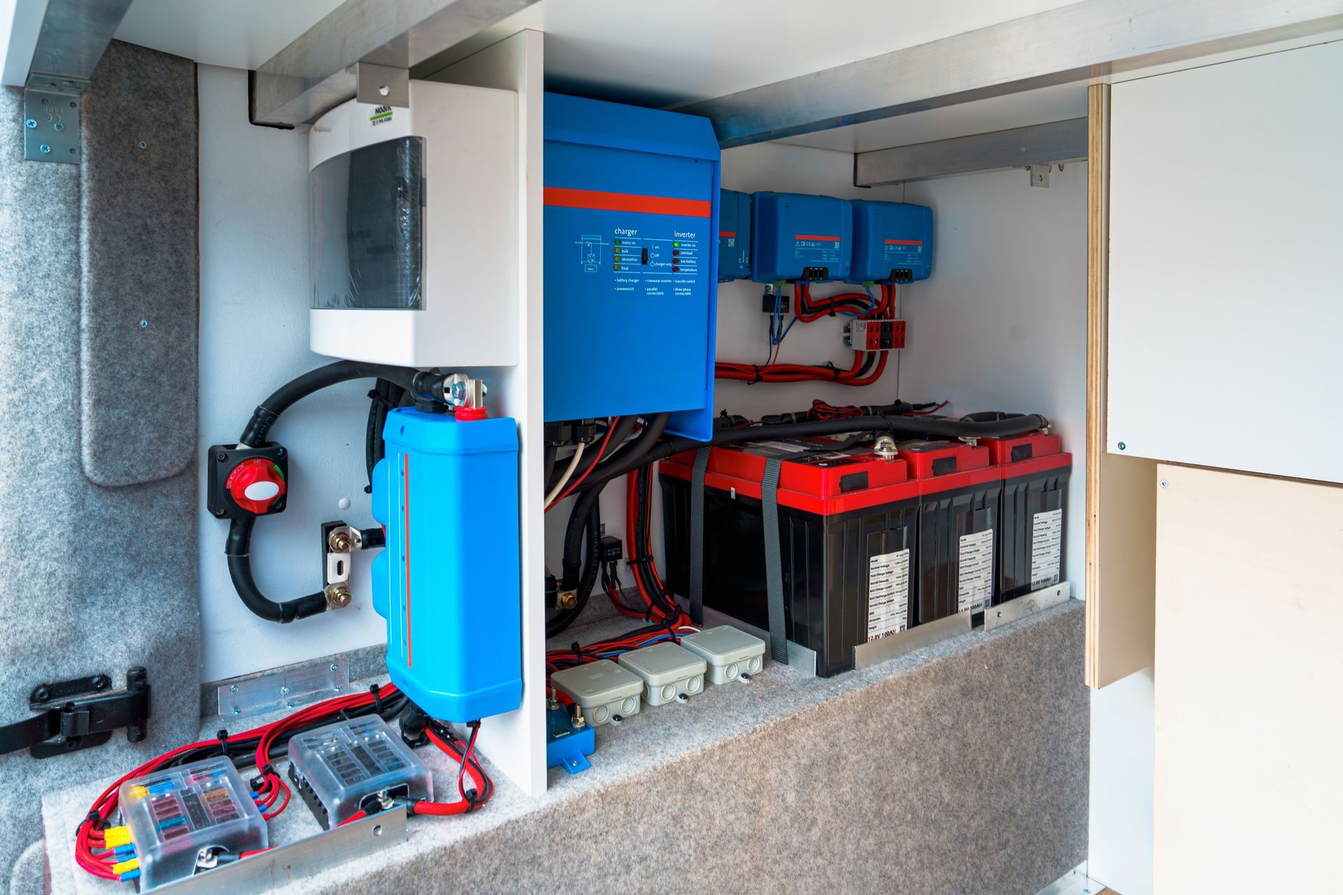 RV power system with blue electronics, red batteries, and wiring.