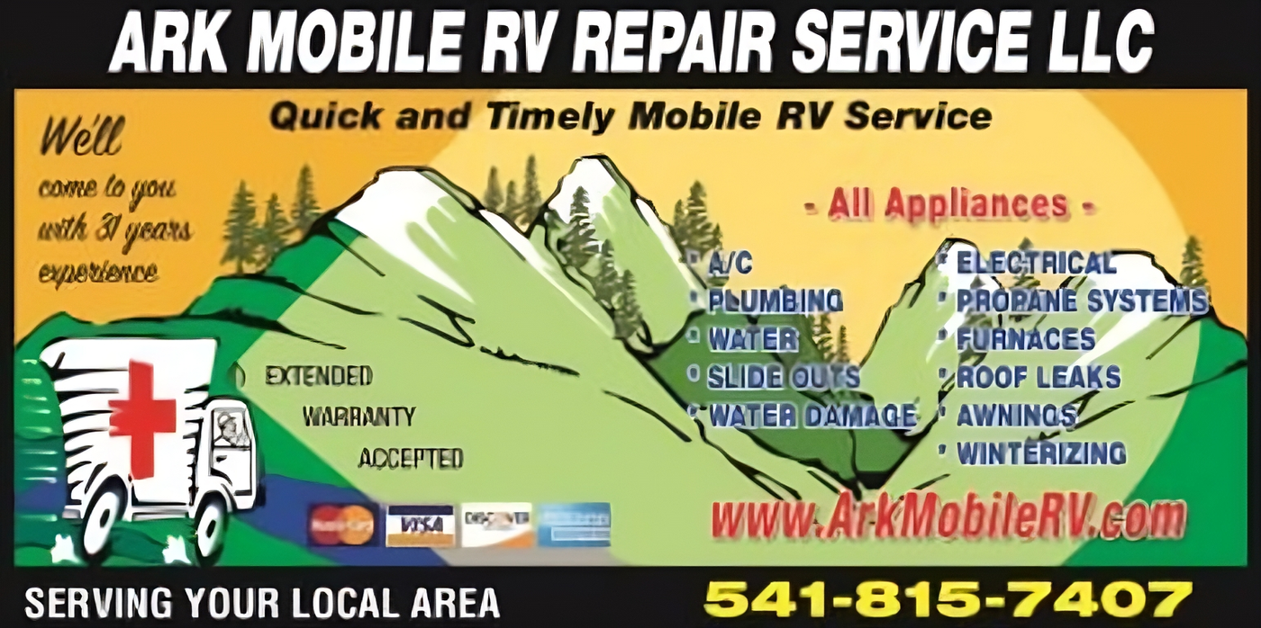 Advertisement for Ark Mobile RV Repair Service LLC. Shows a repair truck, mountains, and contact info.