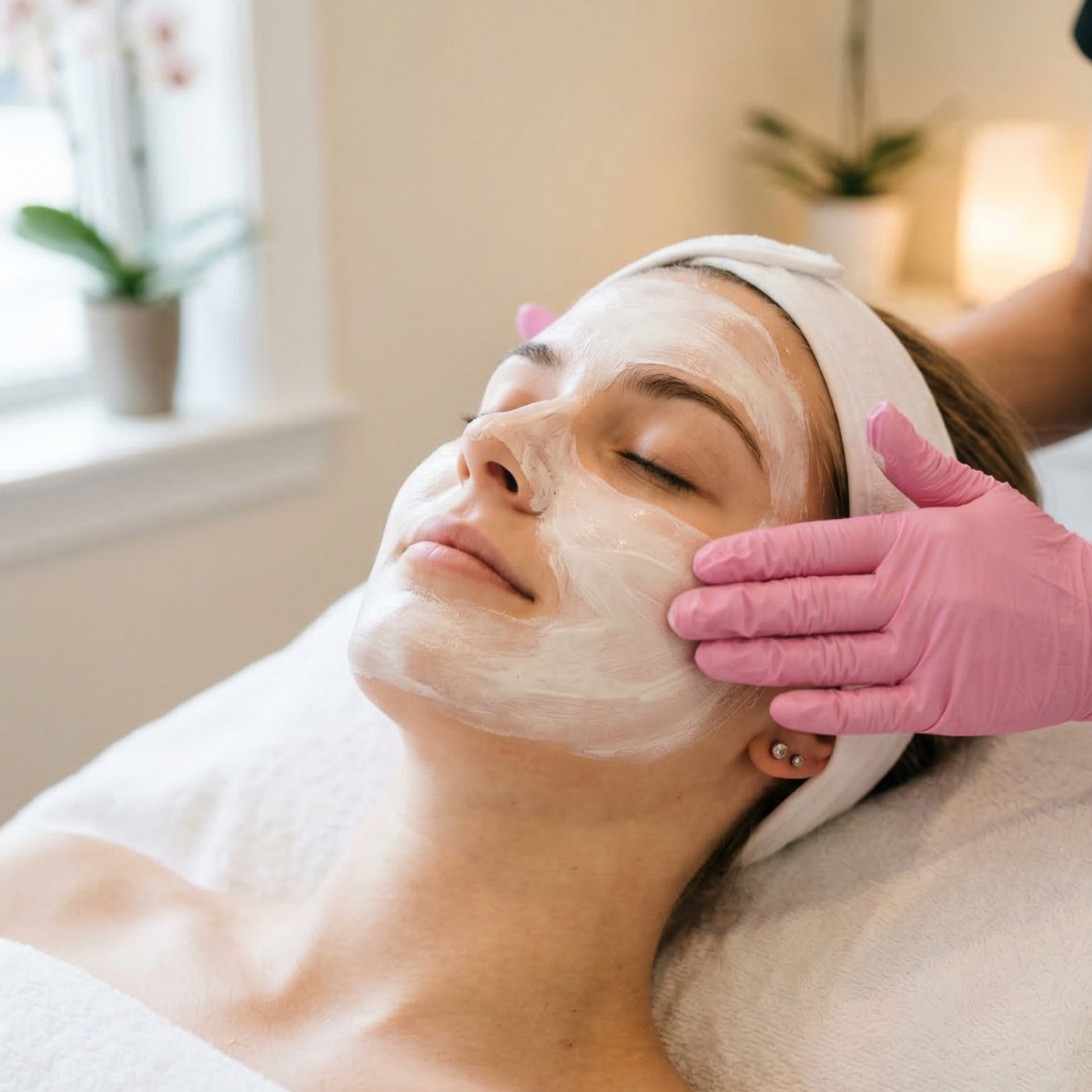 A person receiving a facial mask treatment from a gloved hand in a spa setting.