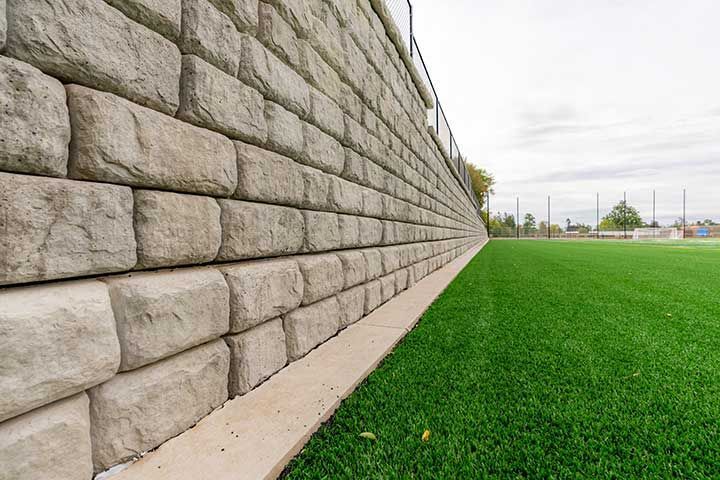 Retaining wall next to a green synthetic turf athletic