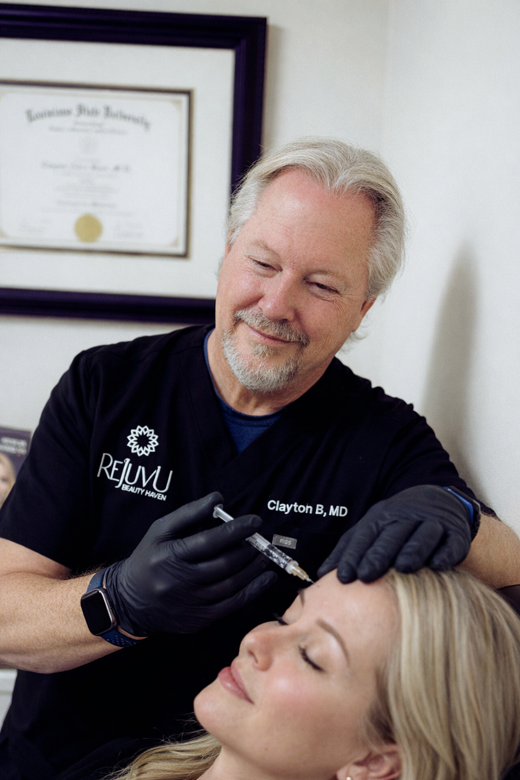 Dr. Bass performing a precise Dysport injection for natural-looking wrinkle reduction.