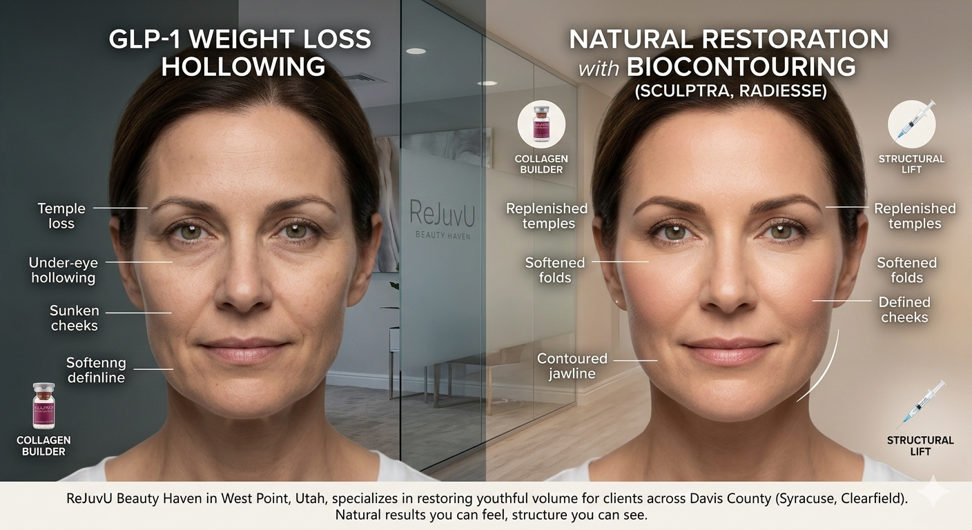 Facial volume restoration using Sculptra after GLP-1 weight loss in West Point, Clearfield and Syracuse,Utah
