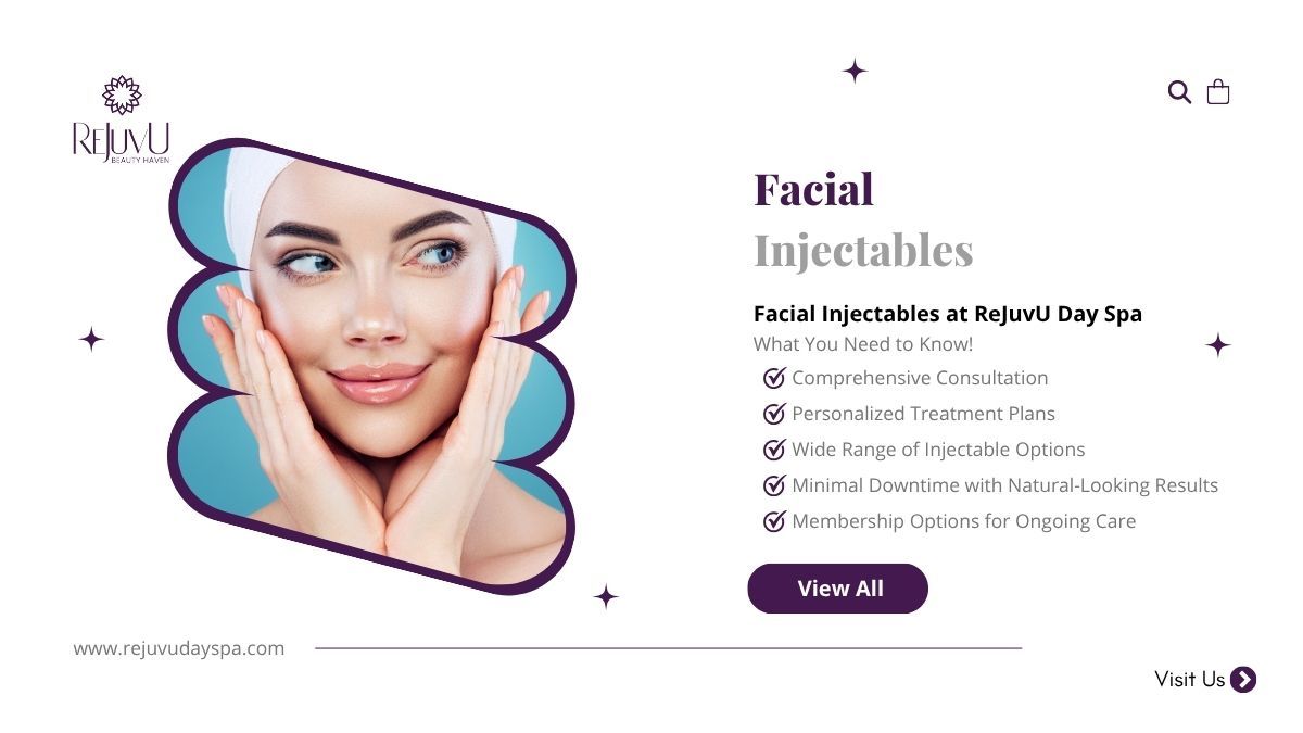 Woman touching face; ad for facial injectables at a spa.