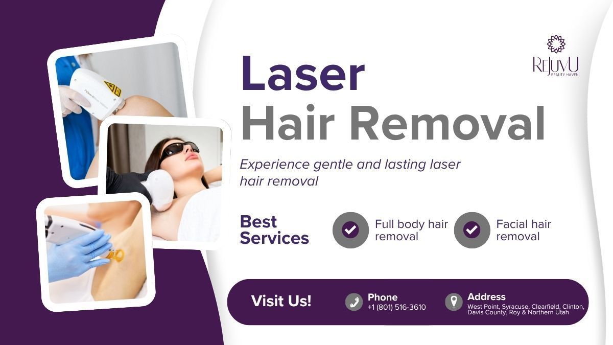 Laser hair removal advertisement with images of procedures. Purple and white background, features “Best Services”.