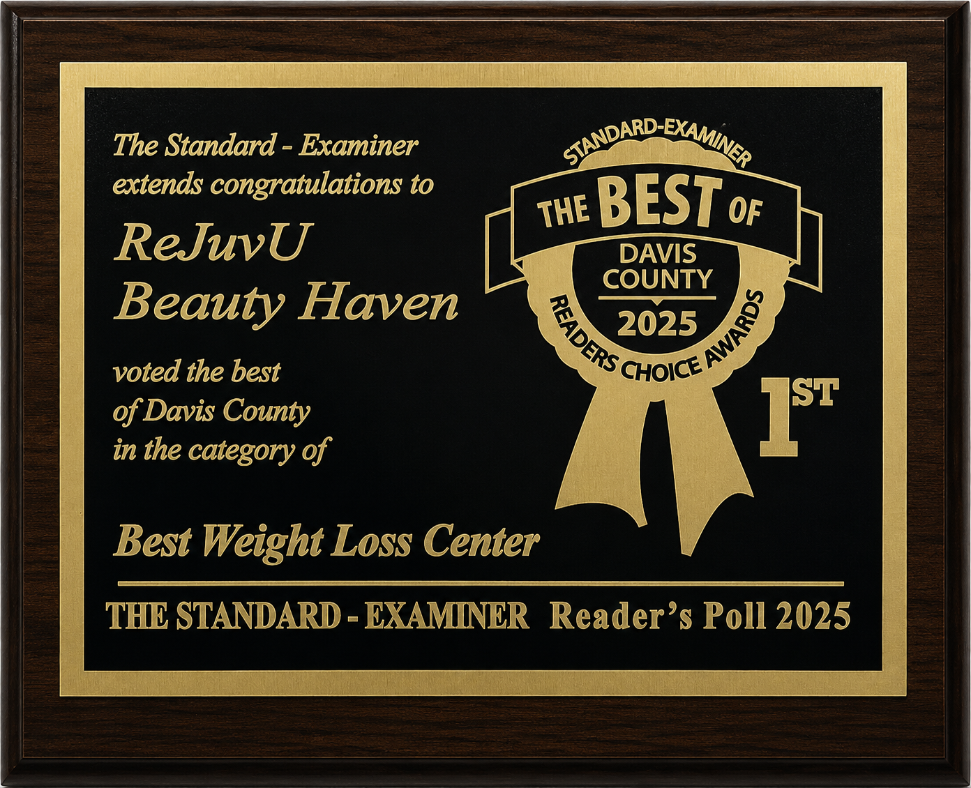 ReJuvU Beauty Haven 1st place award plaque for Best Weight Loss Center in the 2025 Best of Davis County.