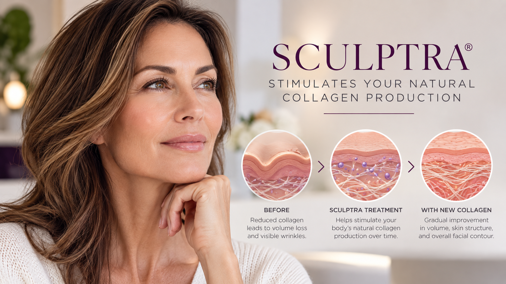 Sculptra collagen stimulation showing gradual improvement in facial volume and skin structure