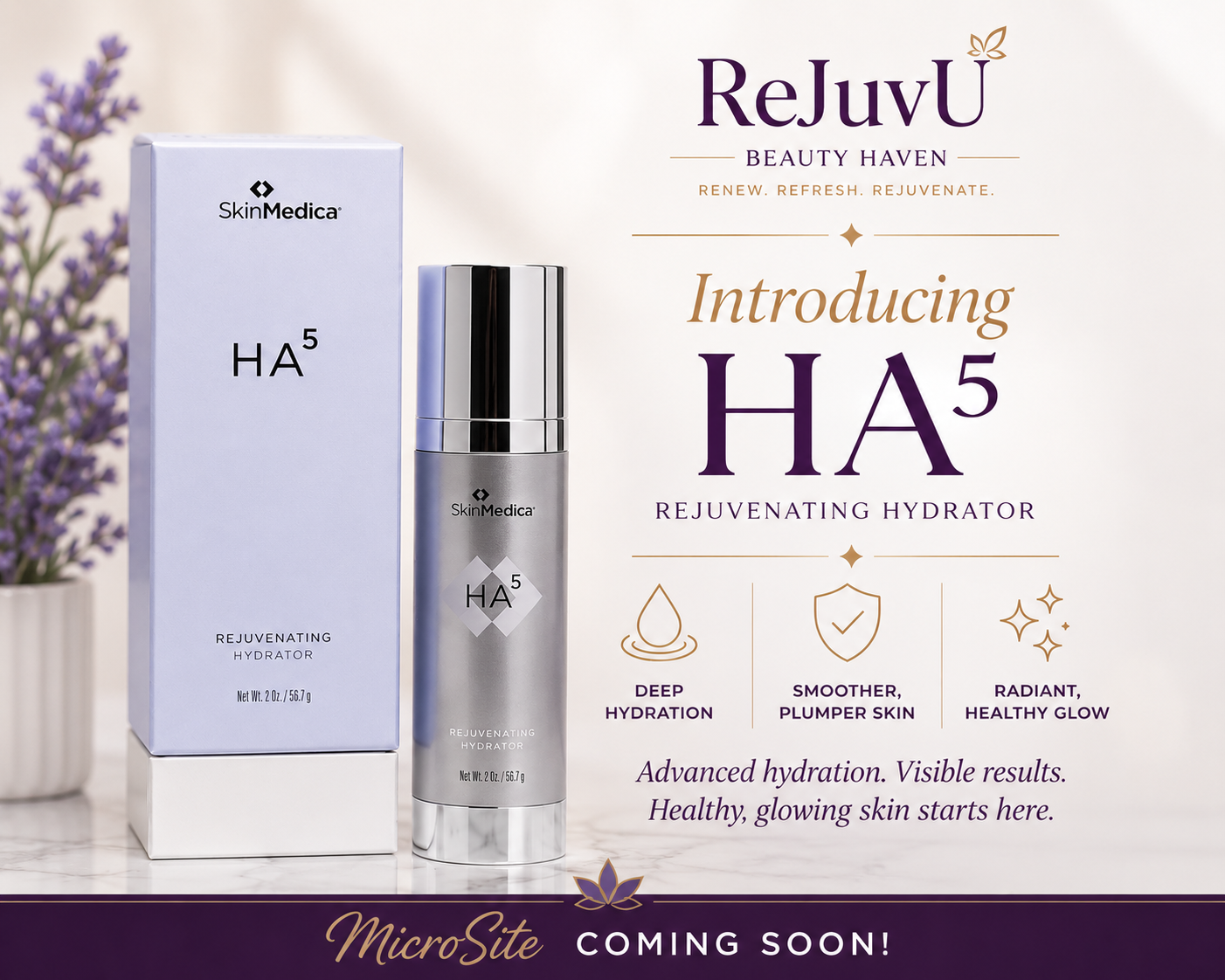 SkinMedica HA5 Rejuvenating Hydrator product promotion and skincare benefits display at ReJuvU Beauty Haven.