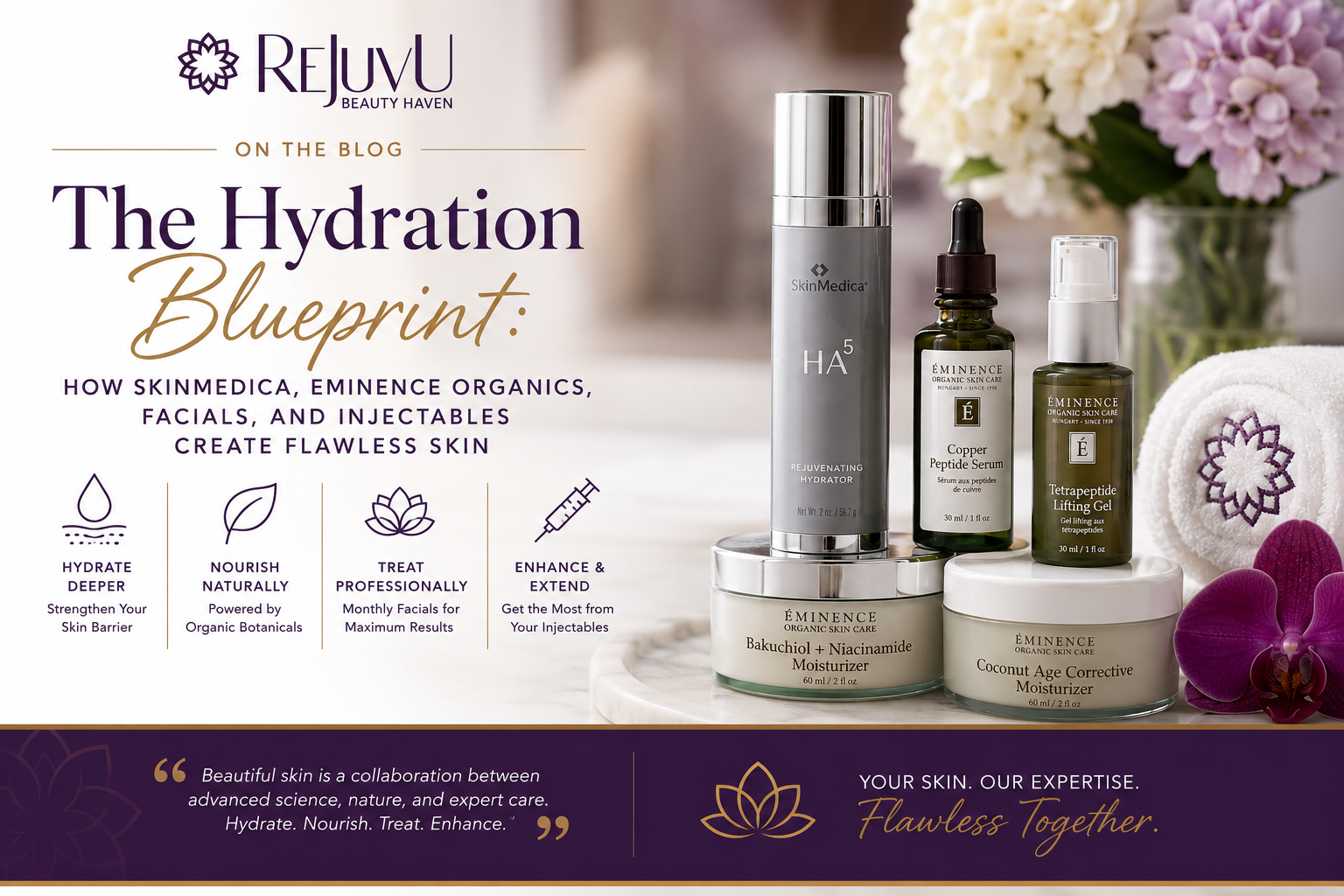 SkinMedica and Eminence Organics skincare products for skin hydration at ReJuvU Beauty Haven.