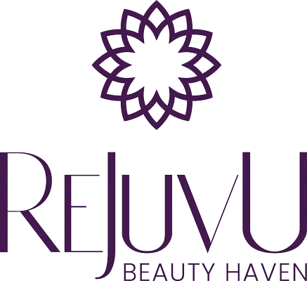 Purple logo for Rejuvu Beauty Haven, floral design above the name.