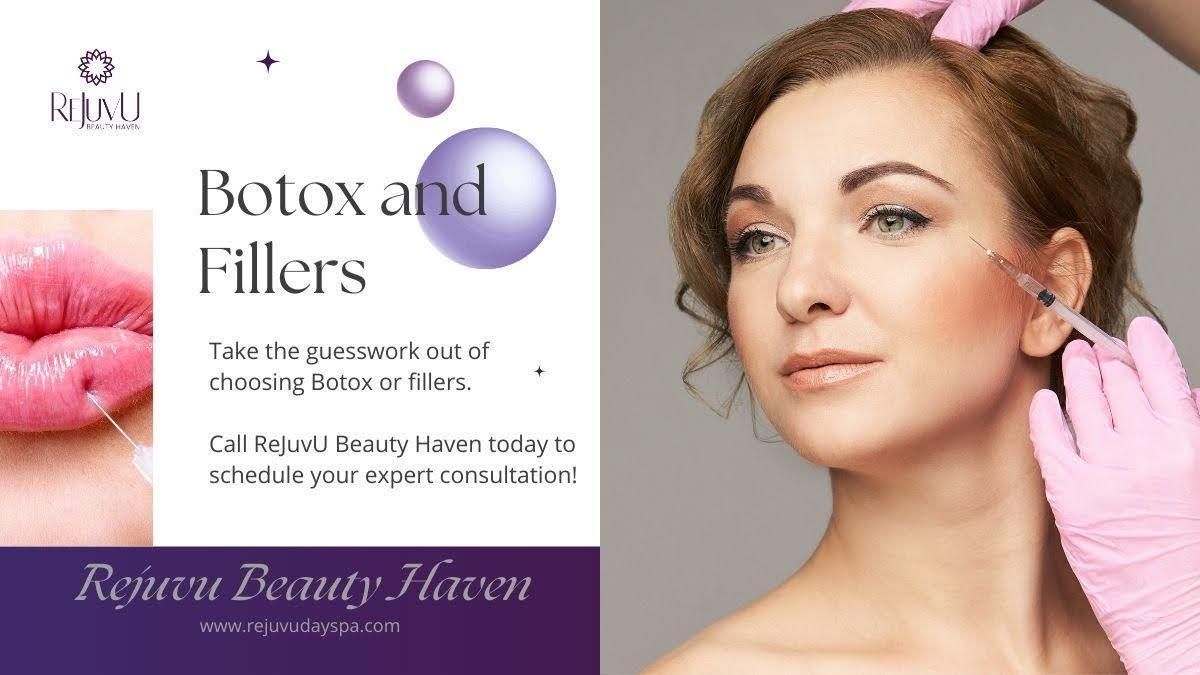 Advertisement for Botox and fillers. Woman receiving an injection near her eye; close-up of a lip.