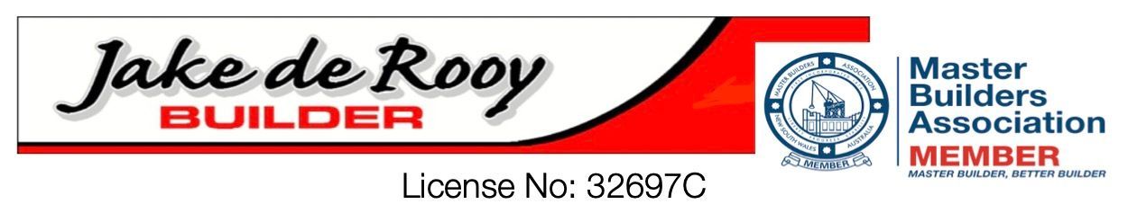 Logo for Jake de Rooy Builder, featuring the company name, red graphic accents, license number, and MBA member seal.