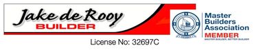Logo for Jake de Rooy Builder, featuring the company name, red graphic accents, license number, and MBA member seal.