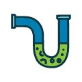 Hand holding a light blue wrench, with blue glove and green cuff.