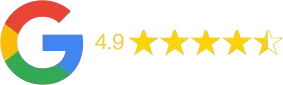 Google logo with 4.9-star rating. Four full stars and one half-filled star are displayed.