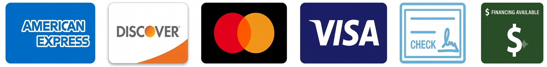 Payment method logos: American Express, Discover, Mastercard, Visa, and cash icons.