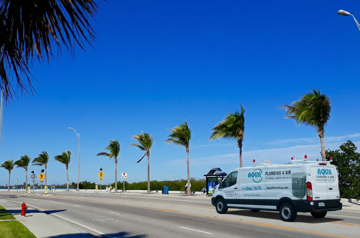 White van with company logo on a road lined with palm trees under a blue sky.