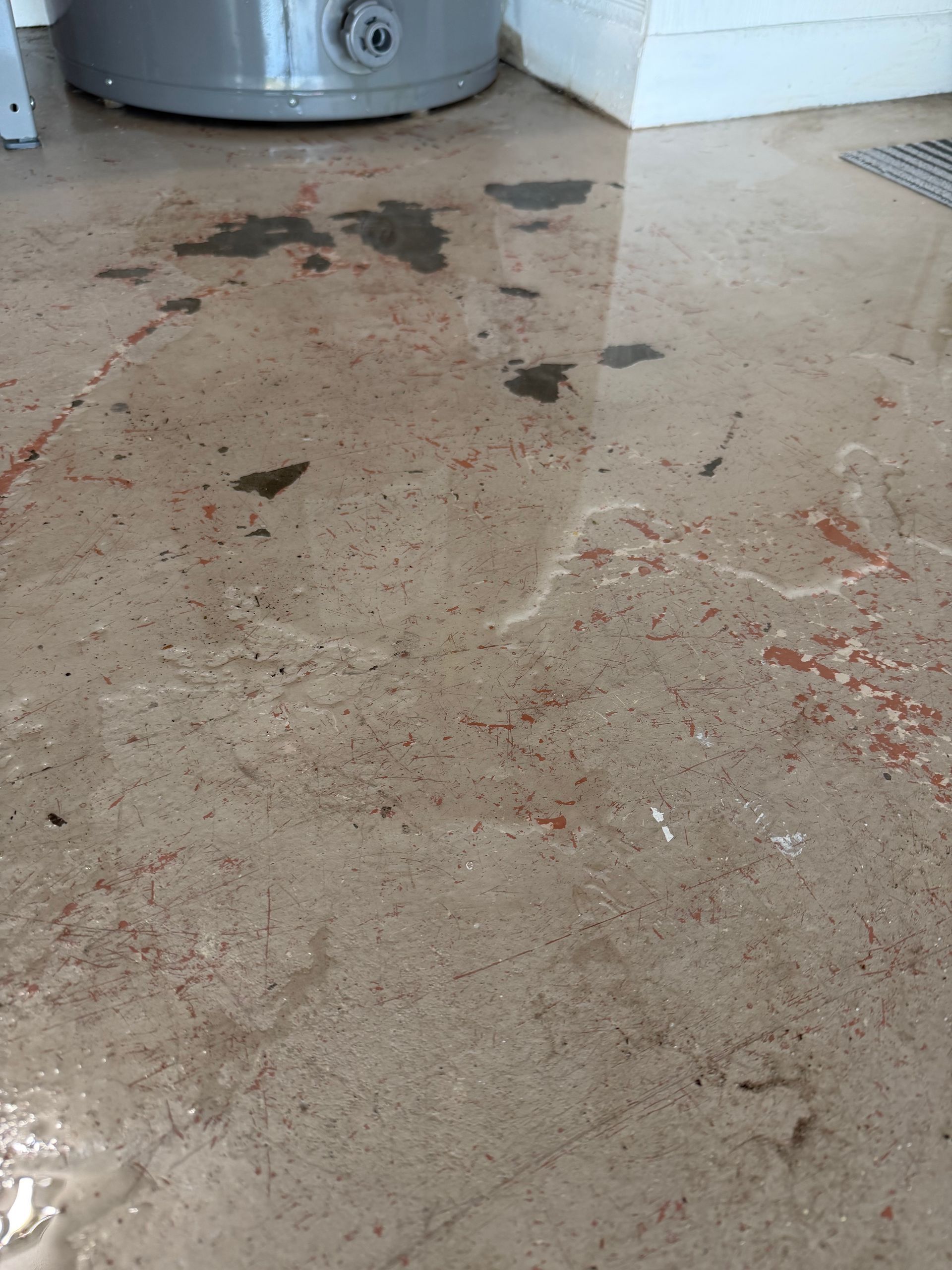 Wet garage floor with scattered debris and dark puddles near a trash can and doorway