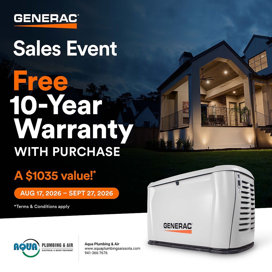 Generac sales event ad for a free 10-year warranty with purchase, showing a home and generator
