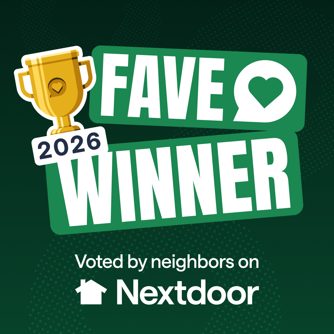 2026 Nextdoor Fave Winner badge in gold and green, with “Voted by neighbors on Nextdoor” text
