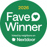 2026 Nextdoor Fave Winner badge, green circle with white and yellow text and heart icon