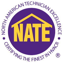 NATE certification logo: purple circle with yellow text 