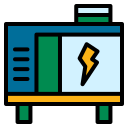 A blue and green portable electric generator icon with a yellow lightning bolt symbol.