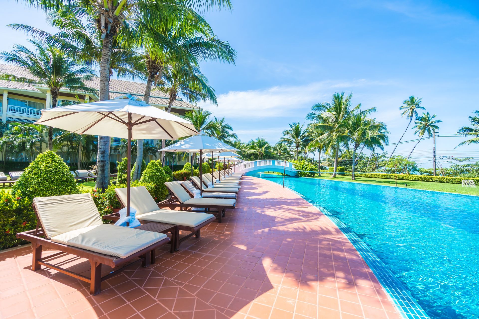 Swimming pool lined with lounge chairs and umbrellas, palm trees in the background under a bright blue sky.