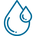 Two blue water droplets, one larger with an inner curved line, and one smaller.