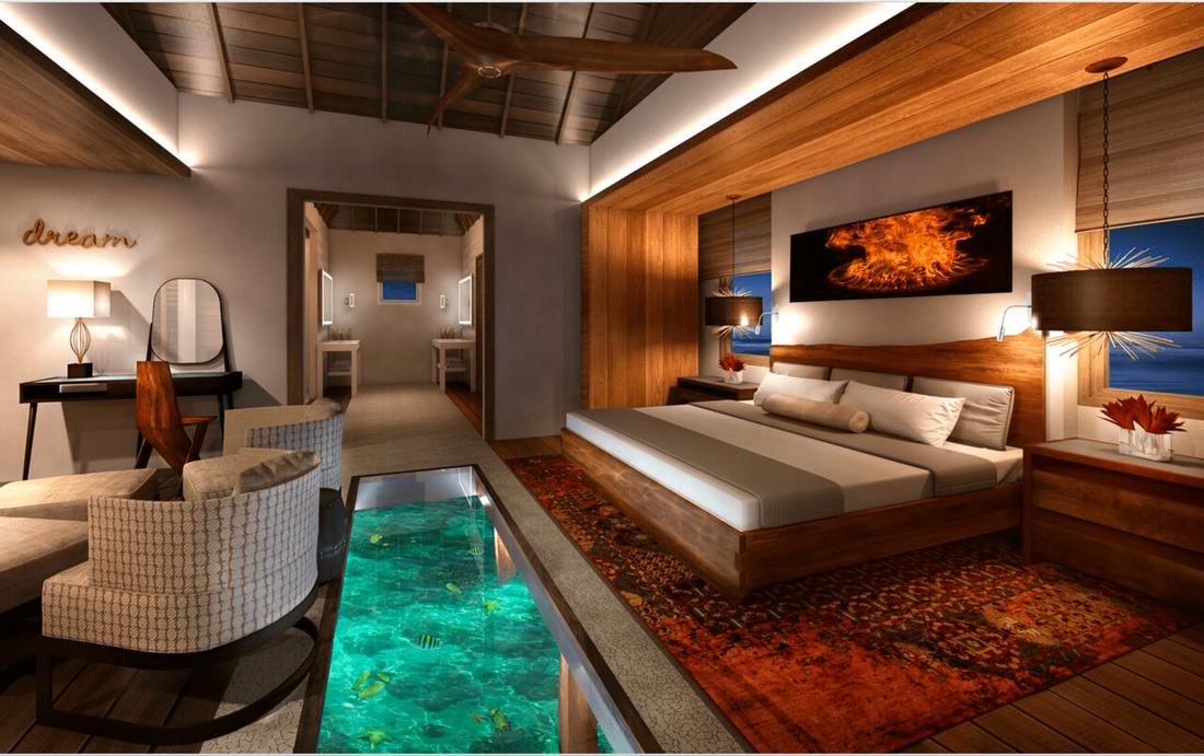 hotel room An artist 's impression of a bedroom with a swimming pool underneath it.
