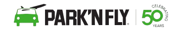 PARK’N FLY logo with a green car icon and “50 years” anniversary badge