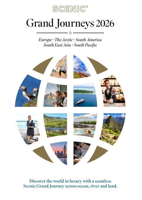 SCENE Grand Journeys 2026 travel poster with a globe collage of scenic photos and blue-accented text