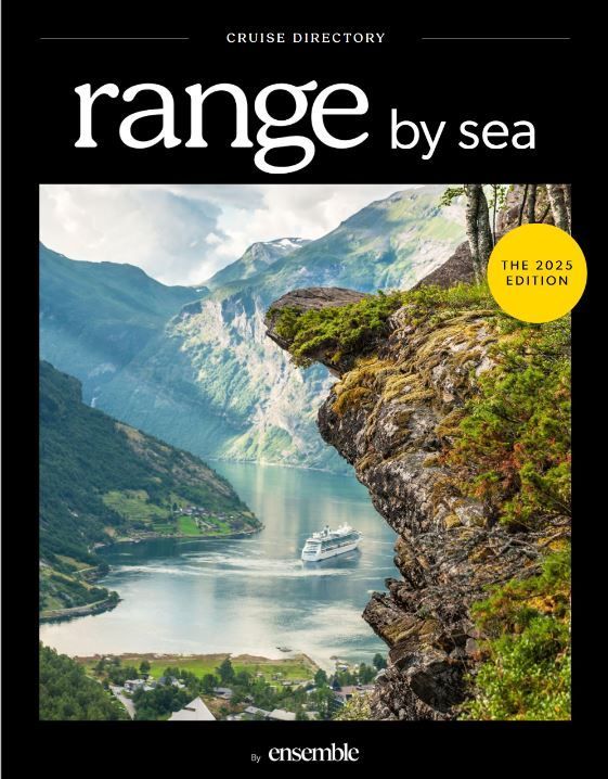 Cruise directory cover showing a fjord, cliff, and cruise ship in a mountain landscape