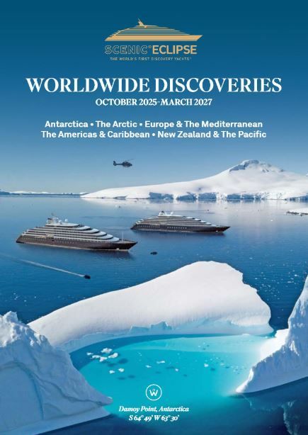 Princess Cruises Eclipse “Worldwide Discoveries” poster of a ship in icy blue Antarctic waters and icebergs