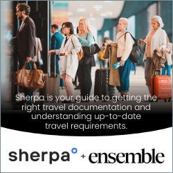 Travelers in an airport with text: “Sherpa is your guide to getting the right travel documentation.”