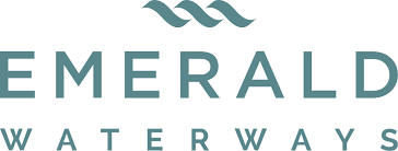 The logo for emerald waterways is a blue and white logo on a white background.