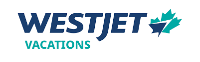 A blue and green logo for westjet vacations