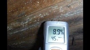 A moisture meter measuring 8.9% moisture content pressed against a wooden surface.