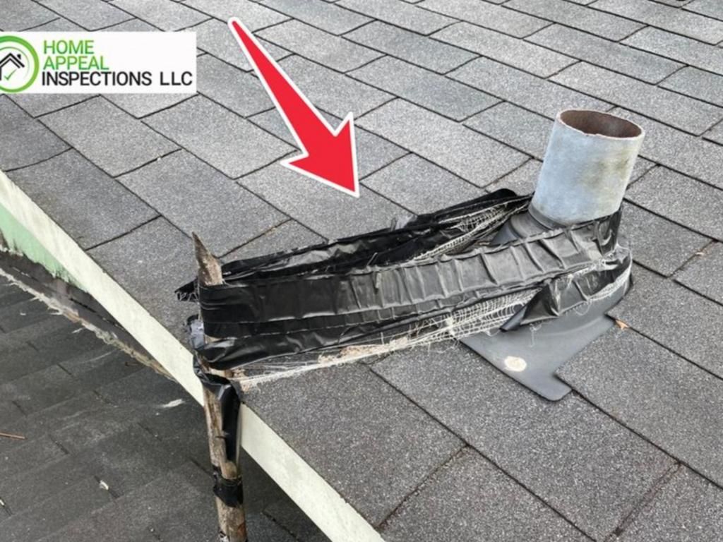 A roof plumbing vent flashing covered in messy black repair tape near the edge of an asphalt shingle roof.