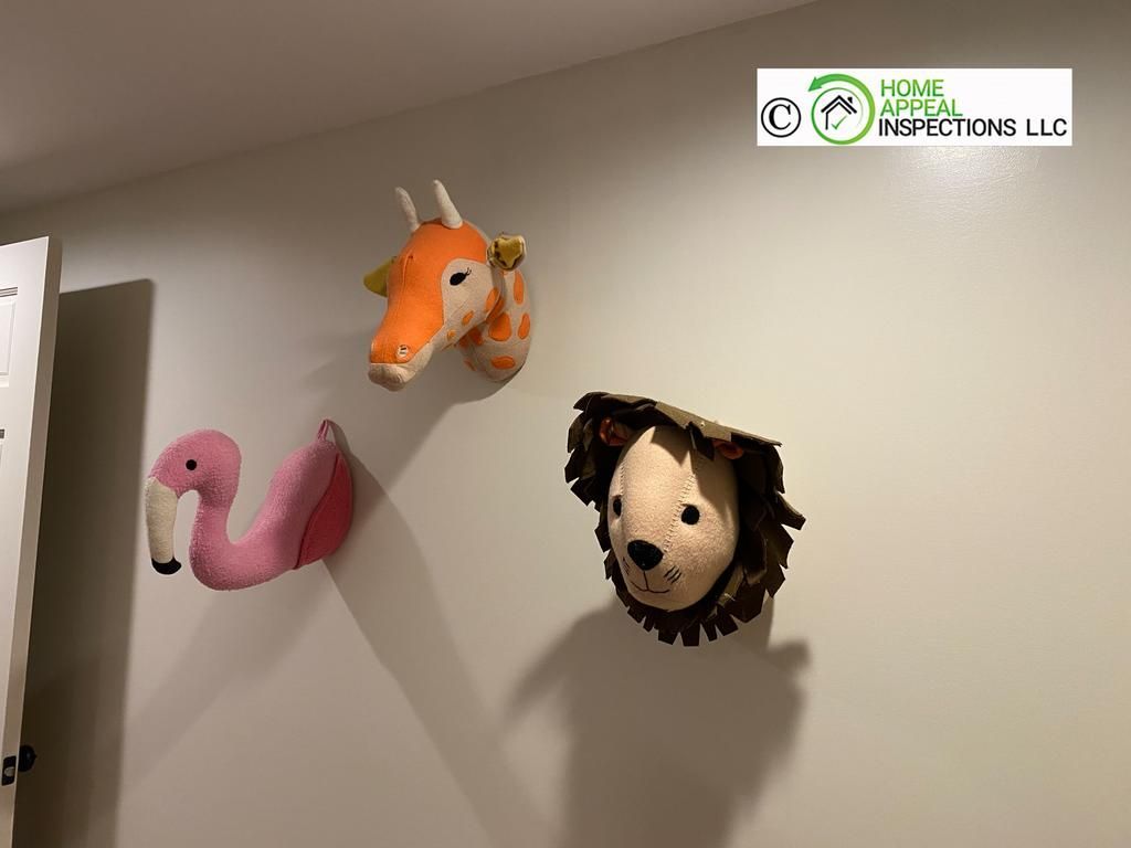 Three plush animal wall mounts—a pink flamingo, an orange giraffe, and a lion with a brown mane—on a white wall.