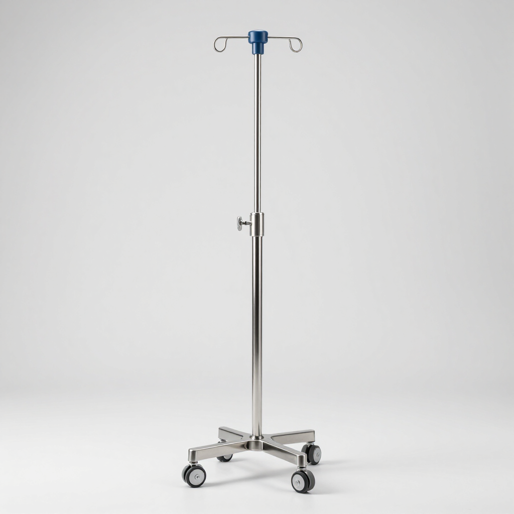 Soporte para suero con mango azul y cuatro ruedas giratorias sobre fondo blanco.
