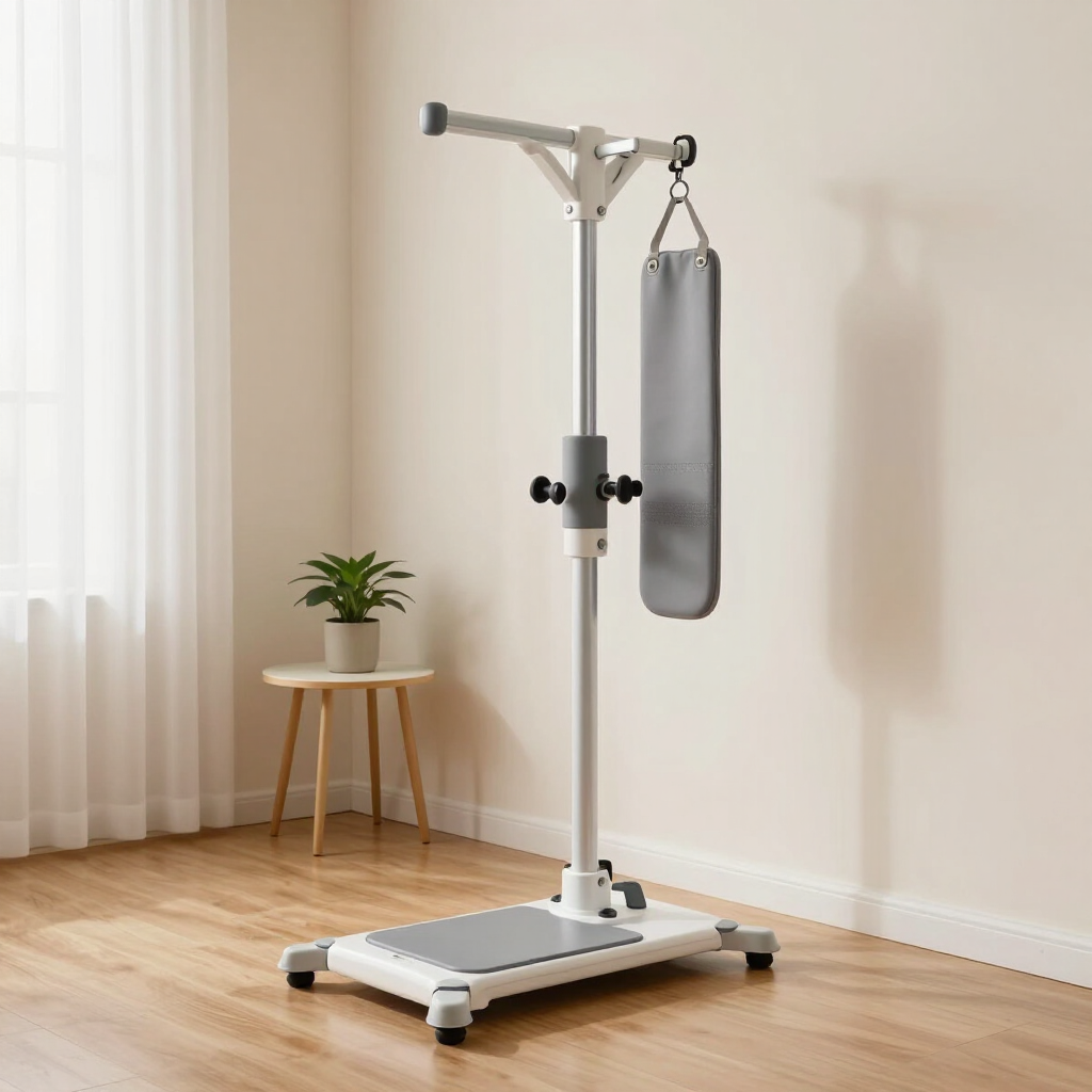 Máquina de tracción vertical sobre un suelo de madera en una habitación luminosa, con una colchoneta gris colgante y una pequeña planta cerca.