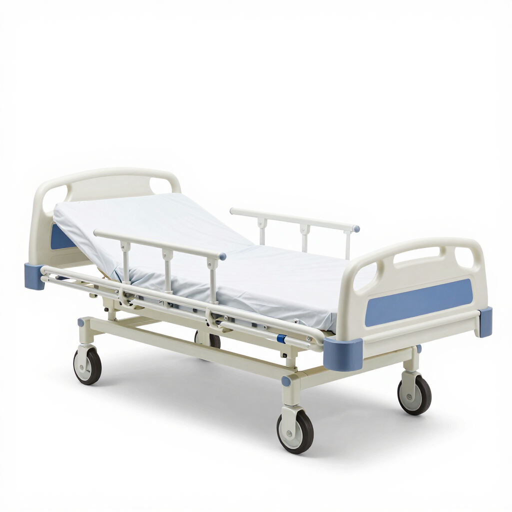 Cama de hospital ajustable con barandillas laterales y ruedas sobre fondo blanco.