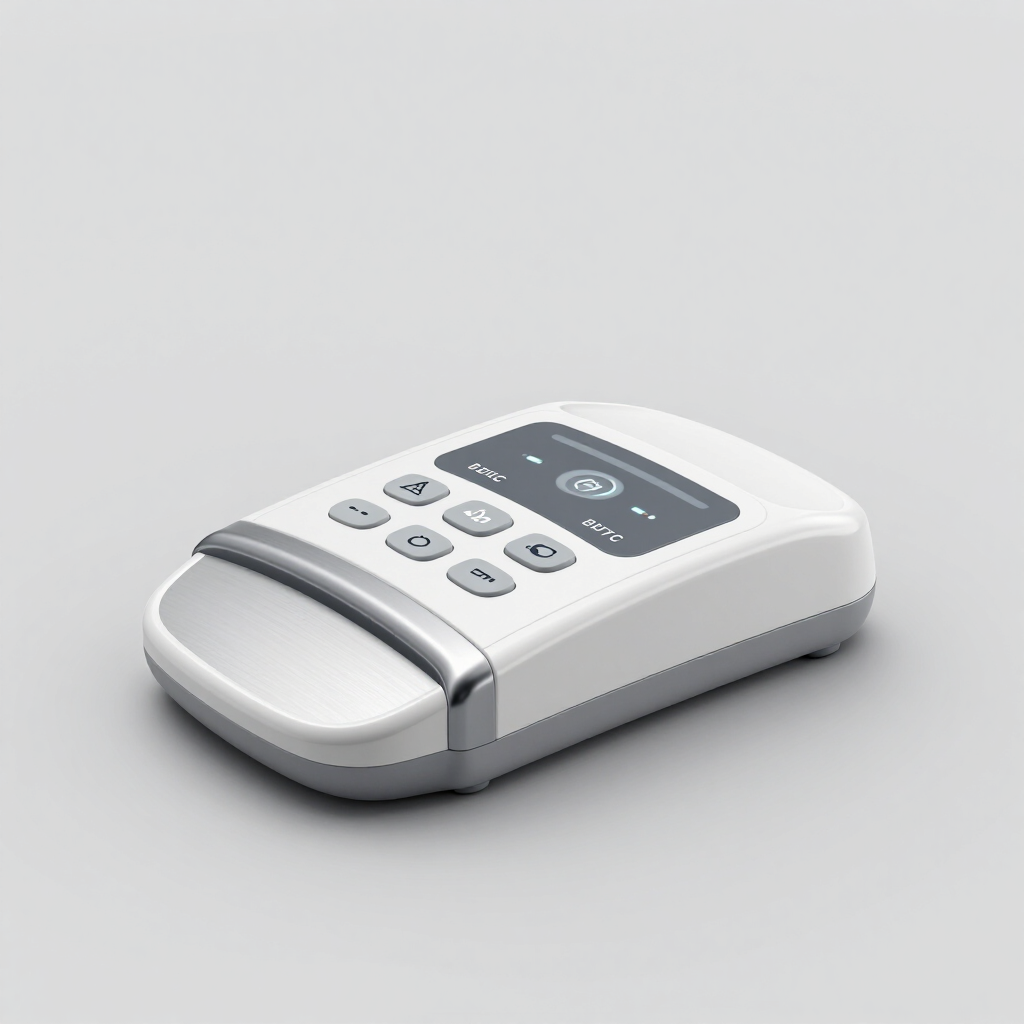 Dispositivo electrónico portátil blanco con pantalla y botones, mostrado sobre un fondo gris claro.