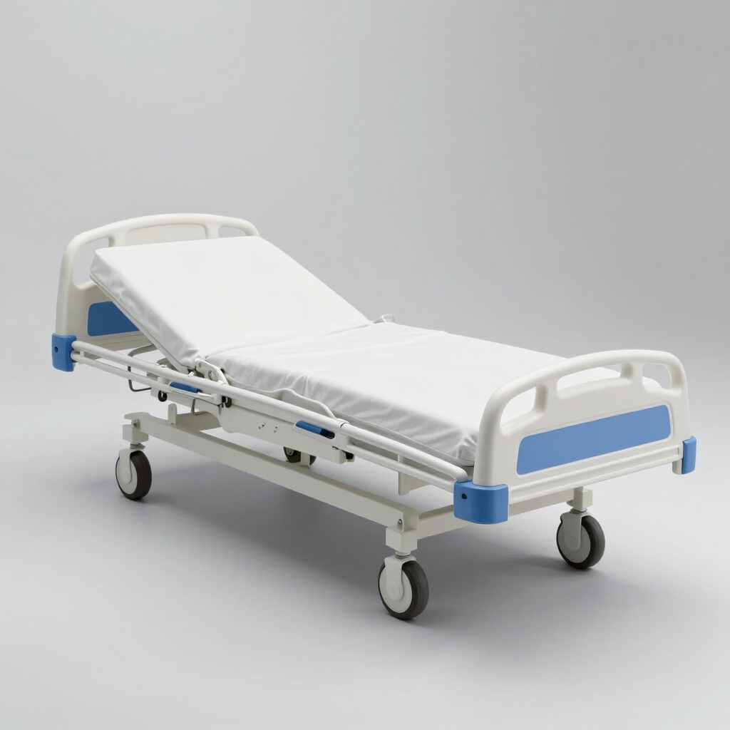 Cama de hospital blanca con barandillas laterales elevadas y ruedas sobre un fondo gris liso.
