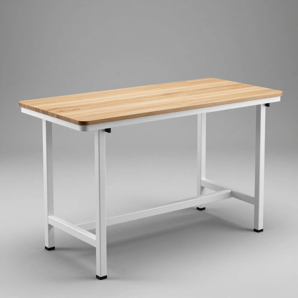 Banco de trabajo de metal blanco con tablero de madera clara sobre fondo gris.
