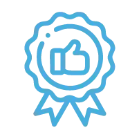 Icono de cinta azul de premio con un símbolo de pulgar hacia arriba en el centro.