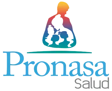 Logotipo de Pronasa Salud con una silueta multicolor de un padre y su hijo sobre texto azul y gris.