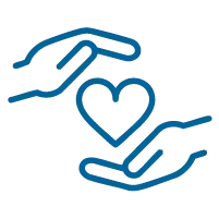 Icono de línea azul de dos manos protegiendo un símbolo de corazón